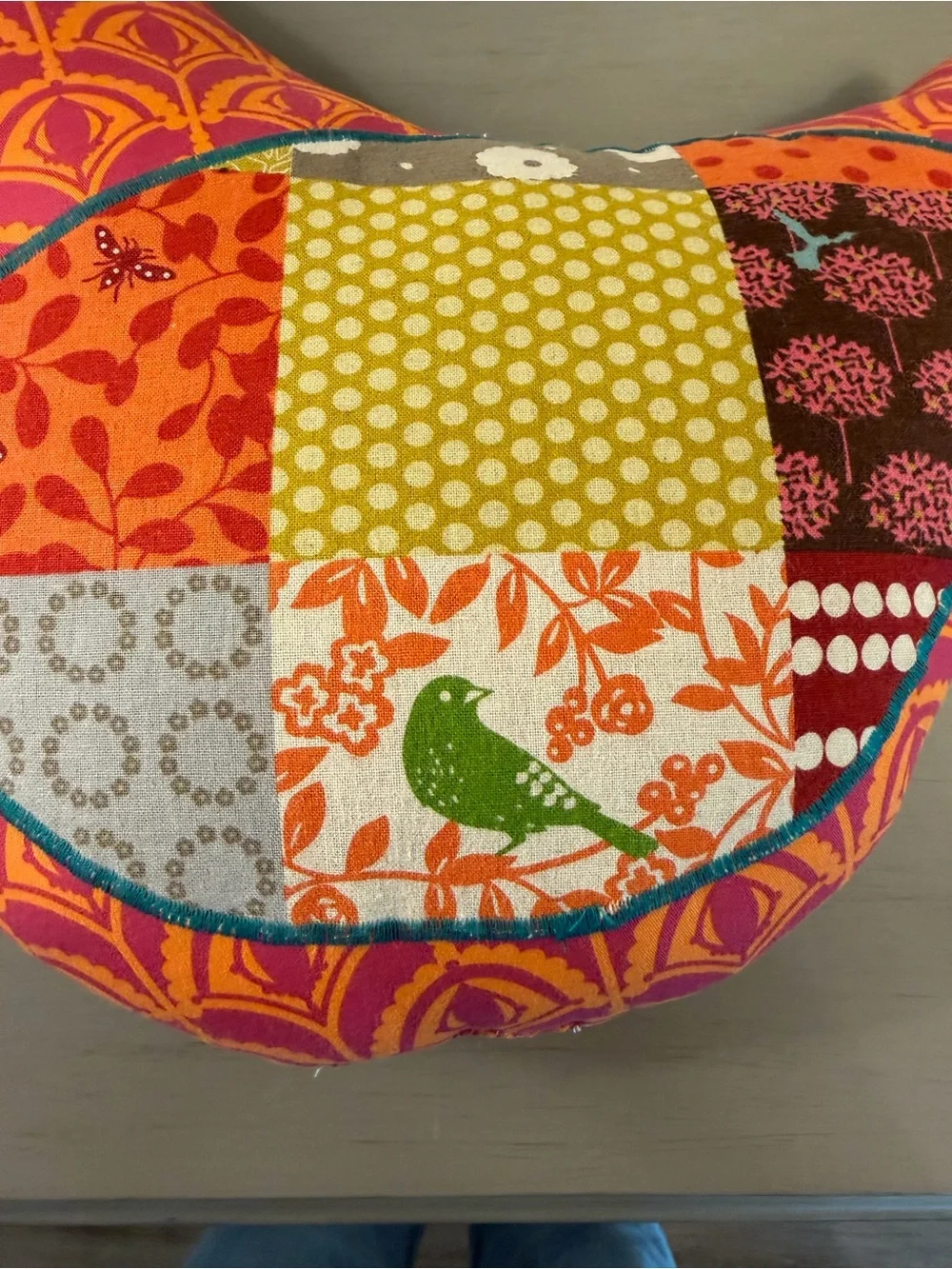 Handmade Patchwork Bird Accent Pillow Boho Folk Art Whimsical Bird Button Eye